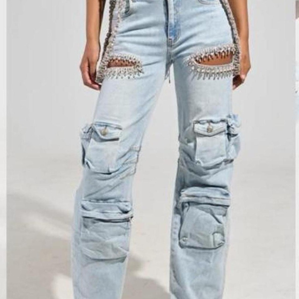 Women's Cargo Denim with Rhinestone Peekaboo Cutouts